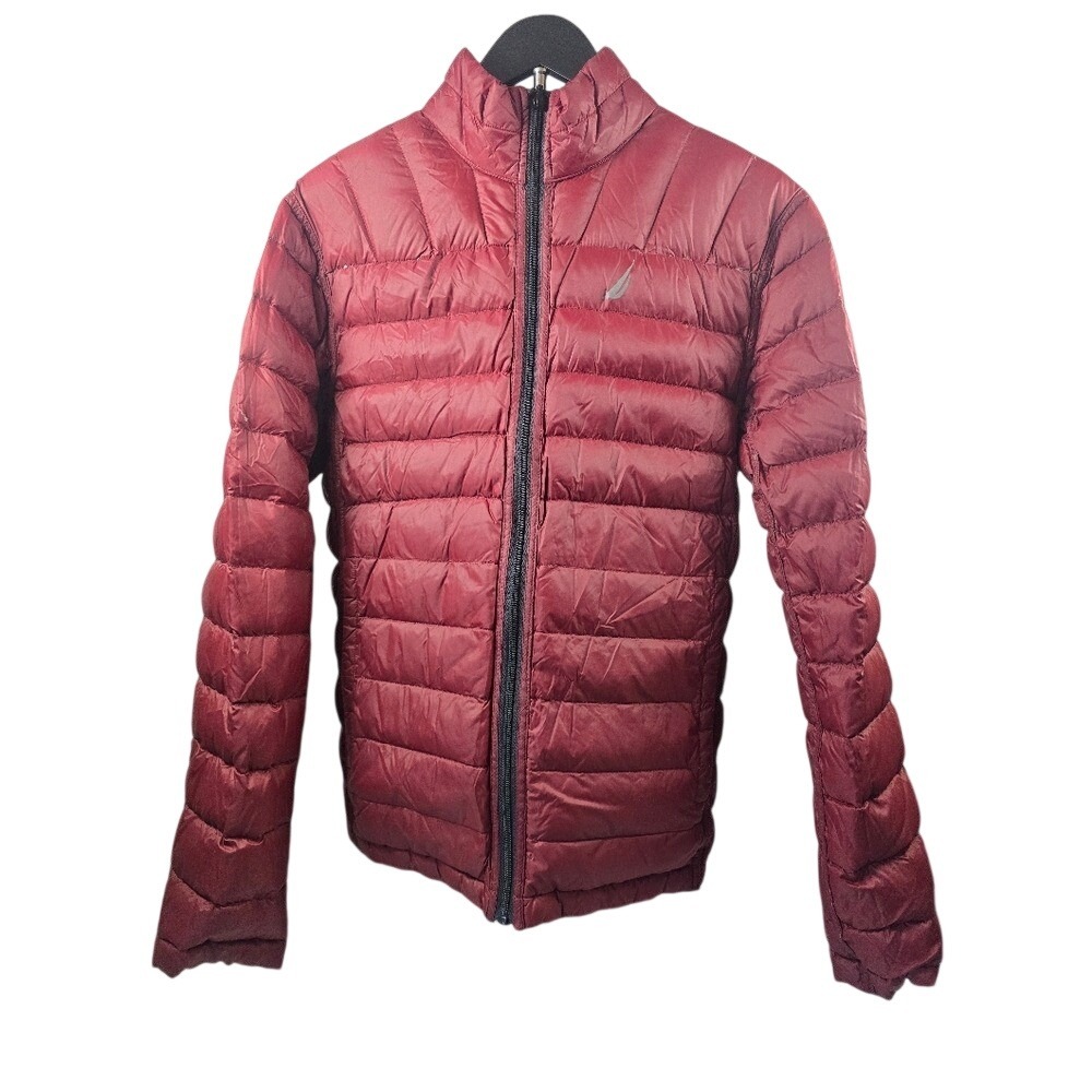 Nautica Men Puffer Jacket Navy Burgundy Colorblock Lightweight reversible - Picture 2 of 9